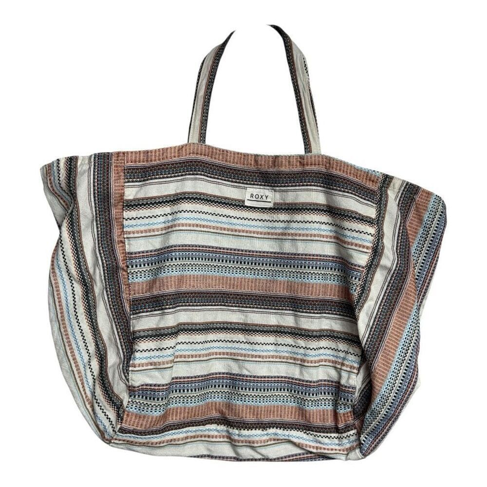 Roxy Time Is Now Canvas Tote Bag Black White Striped Slouchy Gym‎ Beach Bag
